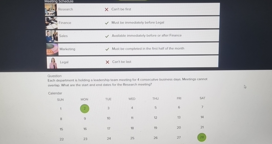 Solved Meeting ScheduleResearchCan't Be FirstFinanceMust Be | Chegg.com