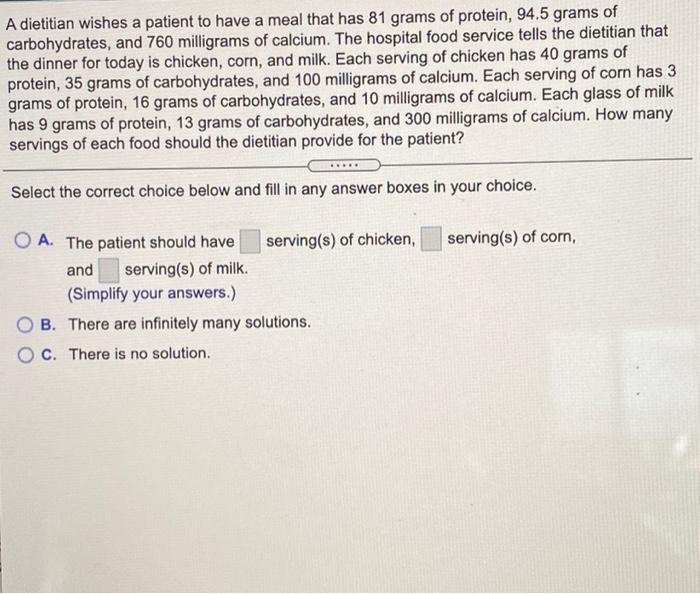 Solved: Jim wants to plan a meal with 87 grams of carbohydrates