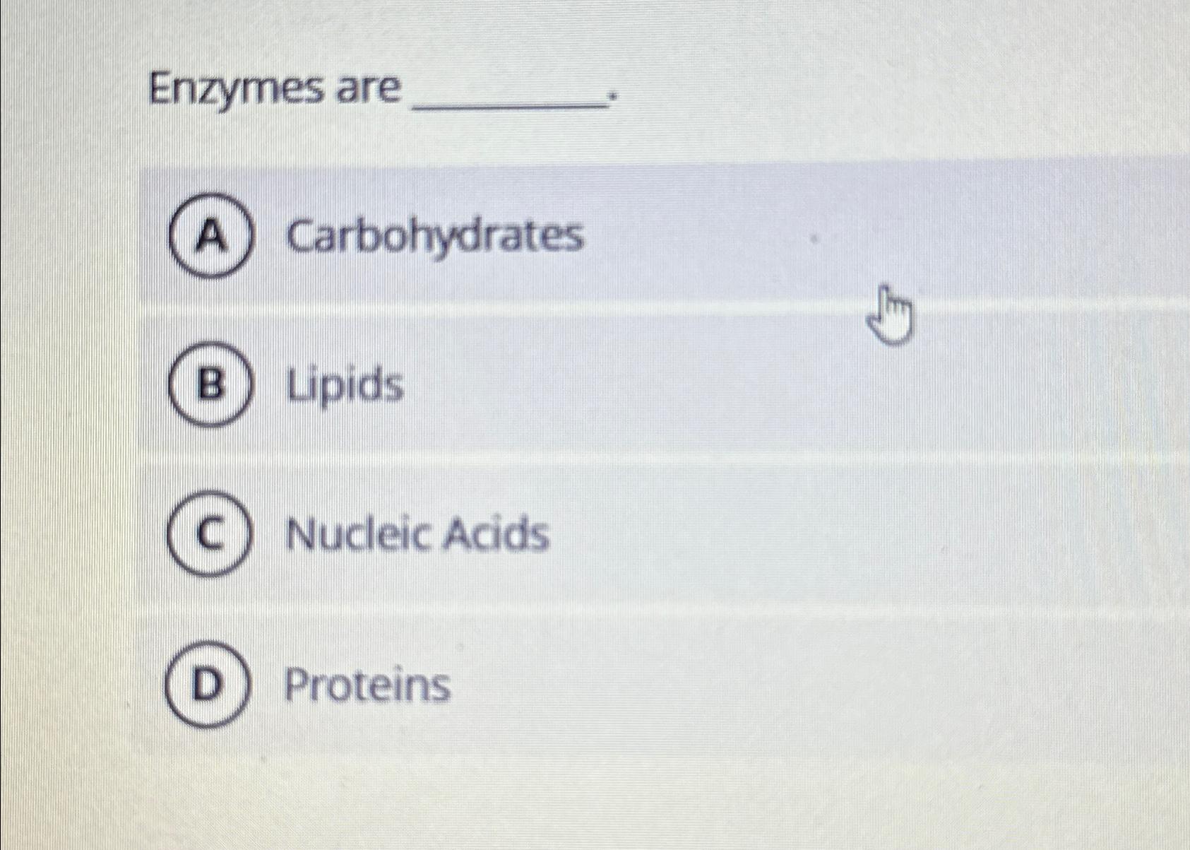 Solved Enzymes areCarbohydratesLipidsNucleic AcidsProteins