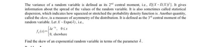 Solved The variance of a random variable is defined as its | Chegg.com