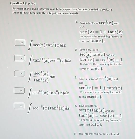 Integral Point Cook Solved Question 2 (1 point)For each of the given integrals, | Chegg.com
