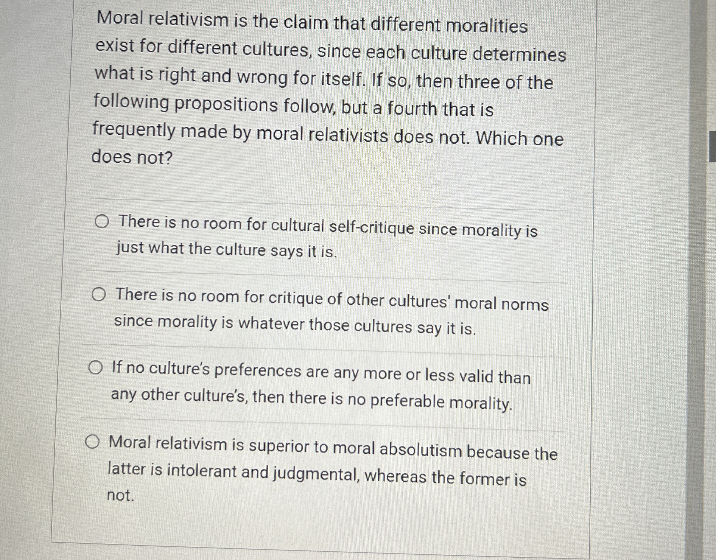 Solved Moral relativism is the claim that different | Chegg.com