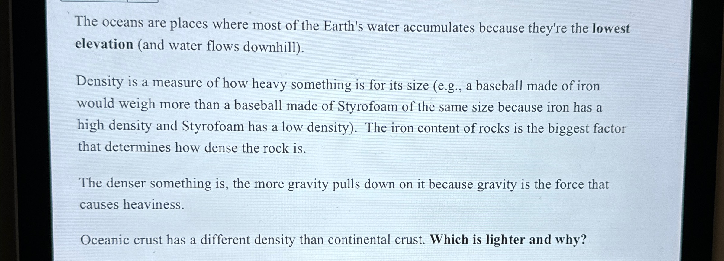 Solved The oceans are places where most of the Earth's water | Chegg.com