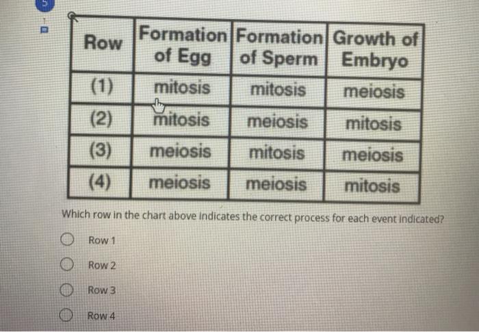 Solved Row Formation Formation Growth of of Egg of Sperm | | Chegg.com