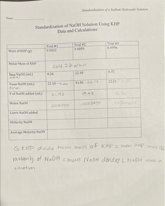 Solved Standardization of a Sodium Hydroxide Solution Name | Chegg.com