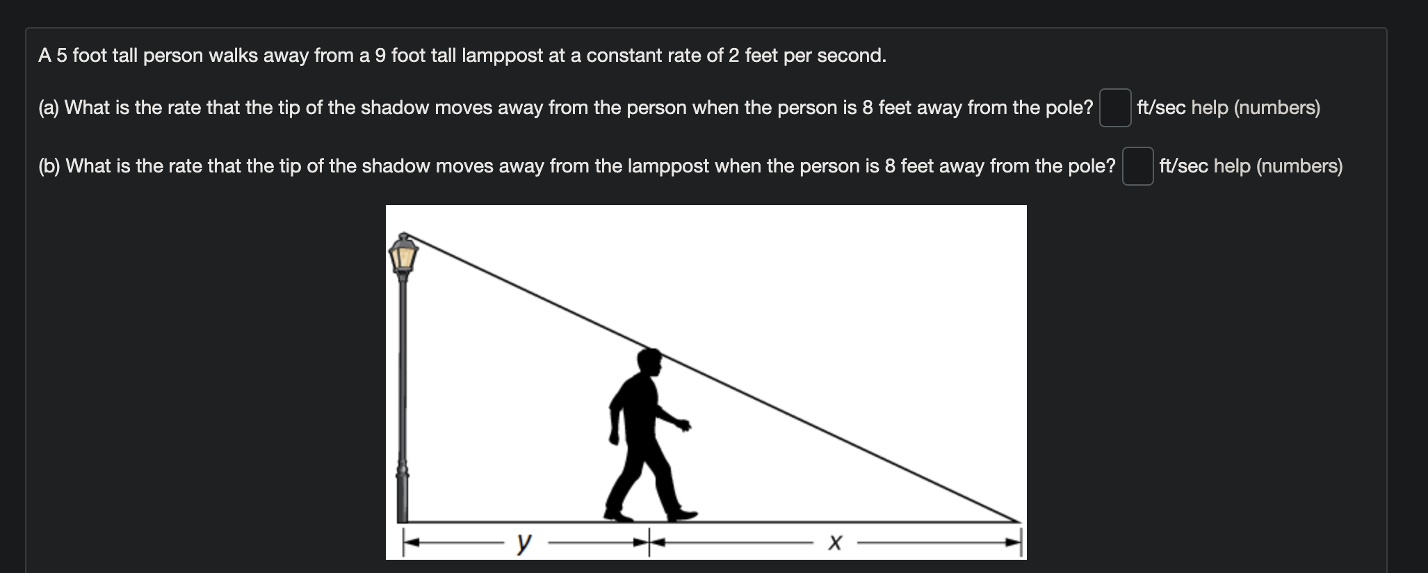 Solved A 5 ﻿foot tall person walks away from a 9 ﻿foot tall | Chegg.com