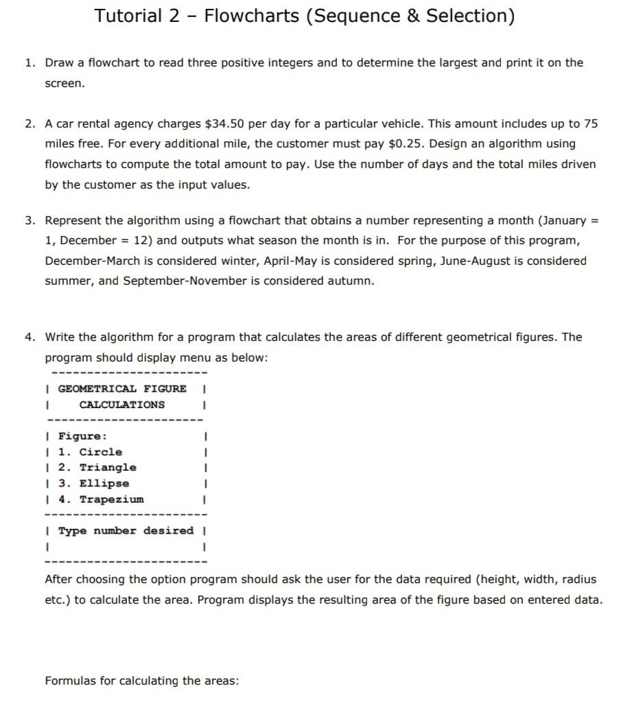 Solved Tutorial 2 - Flowcharts (Sequence \& Selection) 1. | Chegg.com
