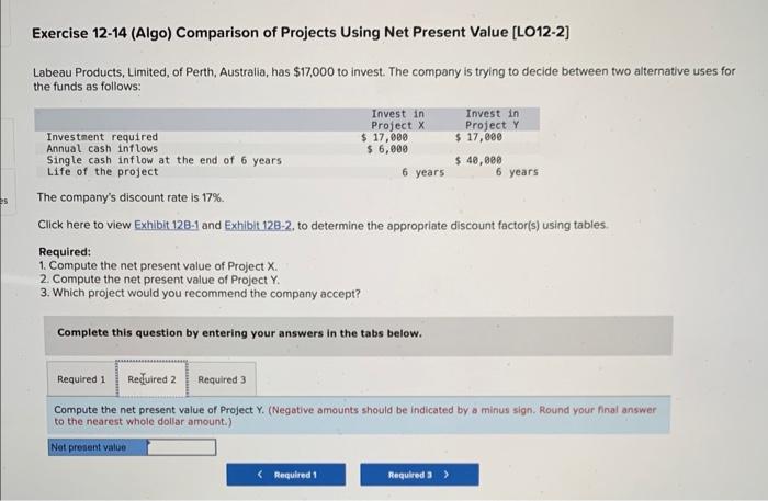 Solved Exercise 12-14 (Algo) Comparison of Projects Using | Chegg.com