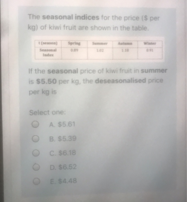 Solved The seasonal indices for the price ( per kg) of kiwi