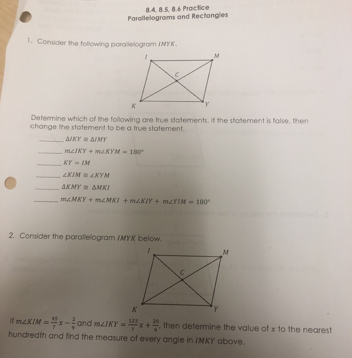 Solved 8.4, 8.5, 8.6 Practice Parallelograms and Rectangles | Chegg.com