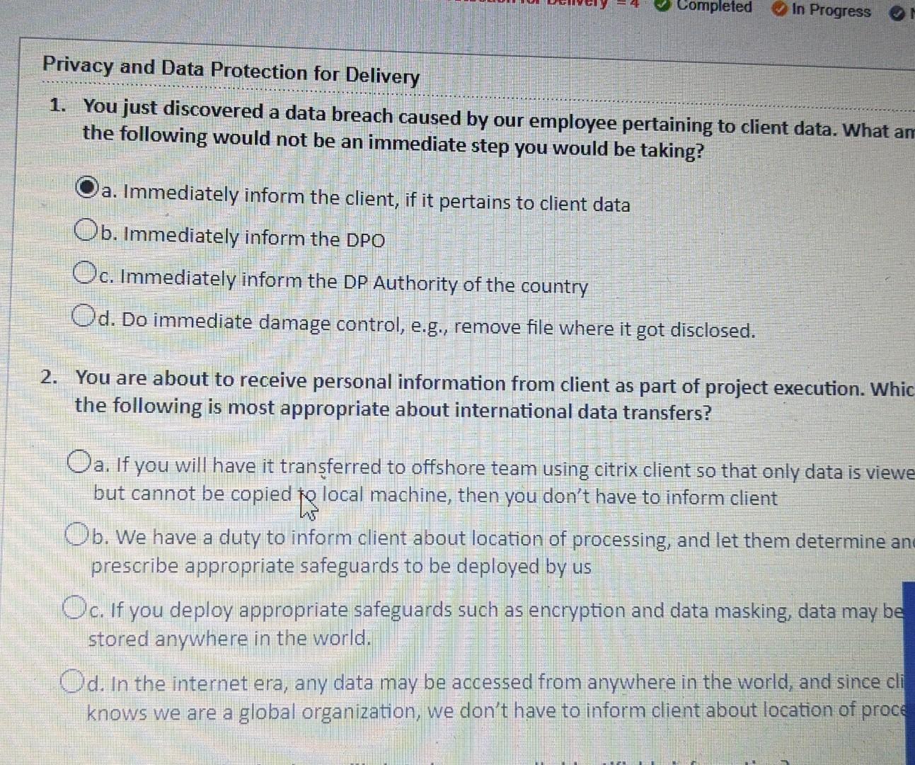 Solved Completed In Progress Privacy And Data Protection For Chegg