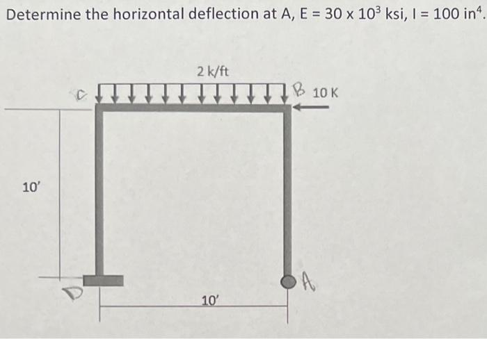 Determine the horizontal deflection at \( A, E=30 \times 10^{3} \mathrm{ksi}, \mathrm{I}=100 \mathrm{in}^{4} \).