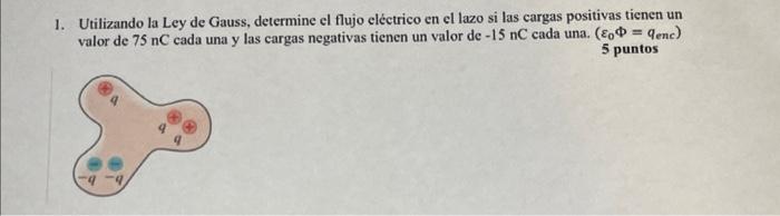 1. Utilizando la Ley de Gauss, determine el flujo eléctrico en el lazo si las cargas positivas tienen un valor de \( 75 \math