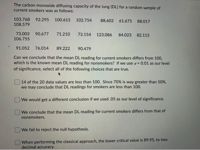 Solved The carbon monoxide diffusing capacity of the lung | Chegg.com