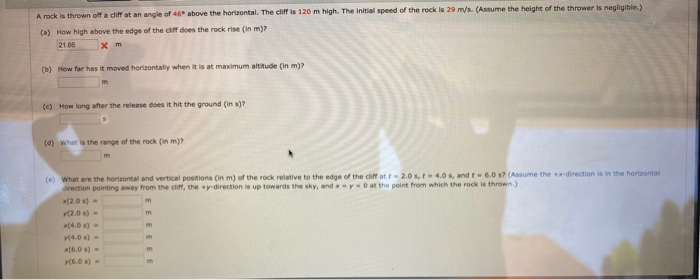 Solved A rock is thrown off a diff at an angle of 46 above | Chegg.com