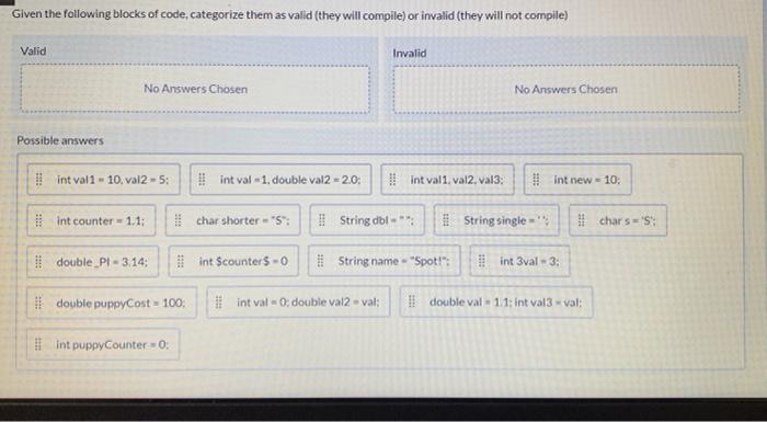 Solved Given The Following Blocks Of Code, Categorize Them | Chegg.com