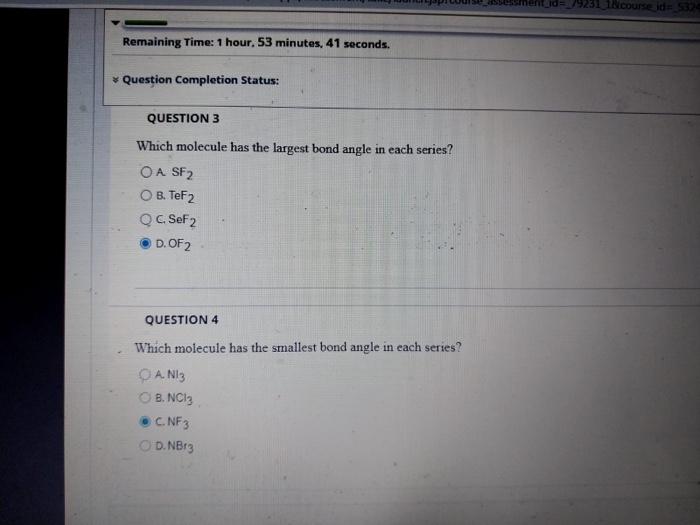 Which molecule has the largest bond angle in each series?
A. \( \mathrm{SF}_{2} \)
B. \( \mathrm{TeF}_{2} \)
C. \( \mathrm{Se