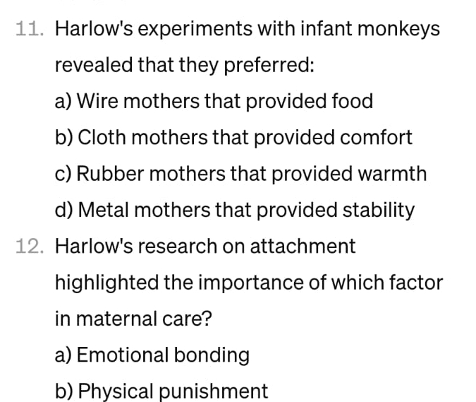 Solved Harlow's experiments with infant monkeys revealed | Chegg.com