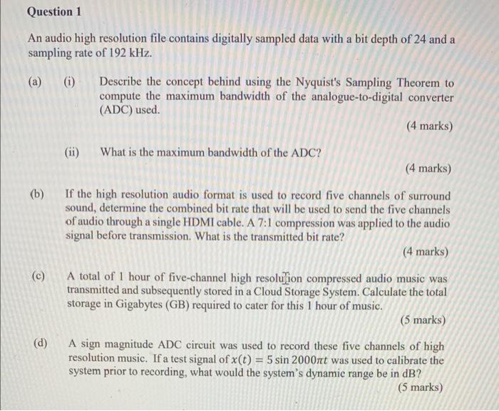 Question 1 An audio high resolution file contains | Chegg.com