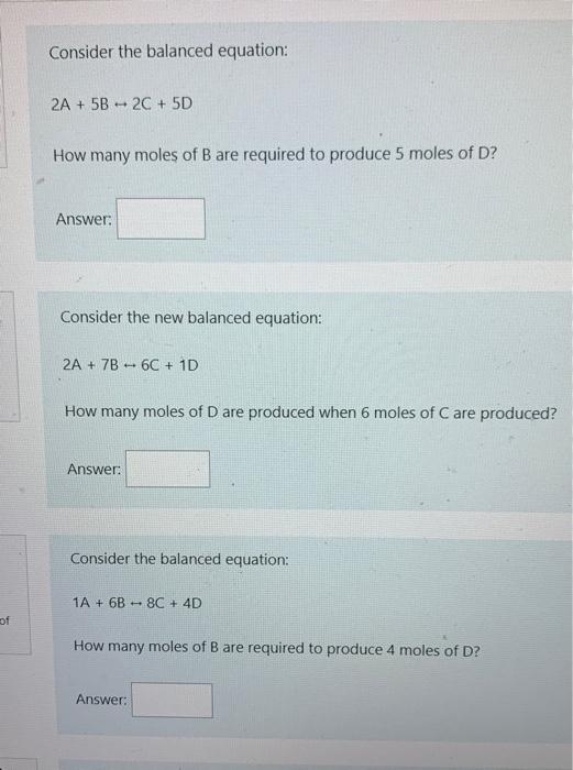 Solved Consider the balanced equation: 2A+5B↔2C+5D How many | Chegg.com