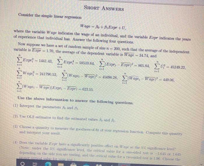 Solved SHORT ANSWERS Consider the simple linear regression | Chegg.com
