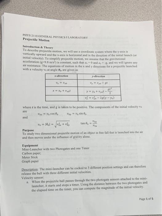 PHYS 2110 GENERAL PHYSICS I LABORATORY Projectile | Chegg.com