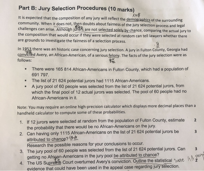 Solved Part B: Jury Selection Procedures (10 Marks) 208 It | Chegg.com