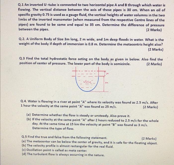 Solved Q.1 An inverted U-tube is connected to two horizontal | Chegg.com