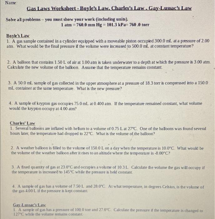 Solved Name Gas Laws Worksheet Boyle's Law. Charles's Law.