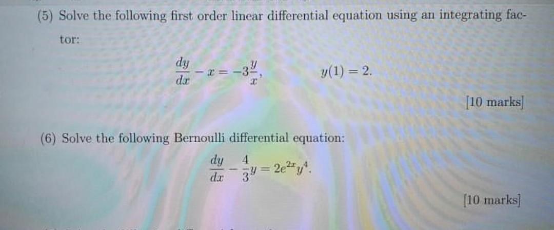 Solved (5) Solve the following first order linear | Chegg.com