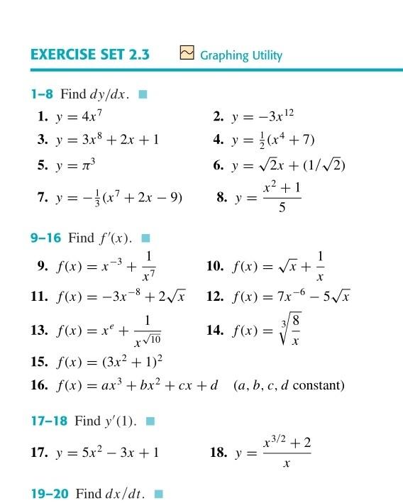 Solved Exercise Set 2 3 Graphing Utility 1 8 Find Dy Dx 1 Chegg Com