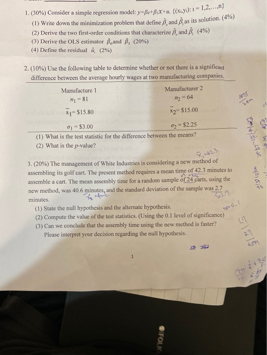 Solved 1 30 Consider A Simple Regression Model Y Bo Chegg Com