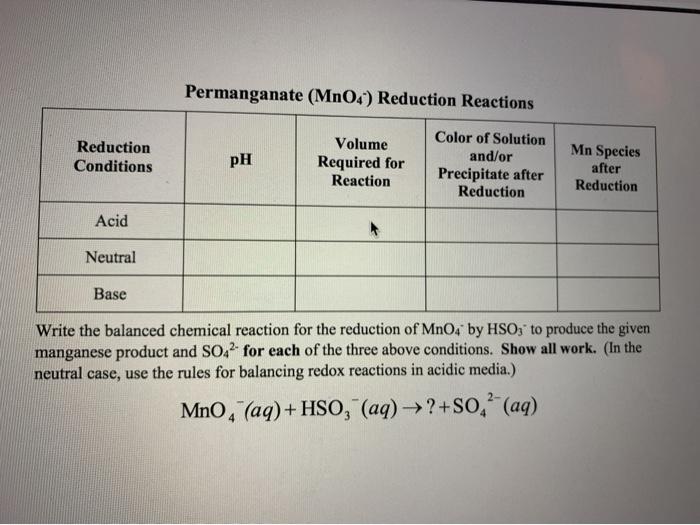 Solved Permanganate Mno4 Reduction Reactions Reduction 5072