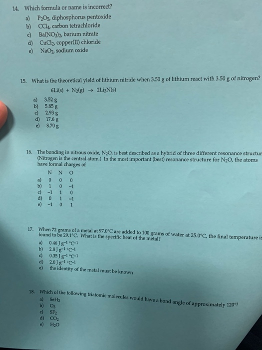 Solved 14. Which formula or name is incorrect? a) P2O5, | Chegg.com