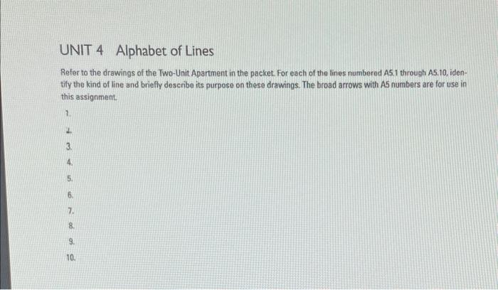 UNIT 4 Alphabet of Lines
Refer to the drawings of the Two-Unit. Apartment in the packet. For each of the lines numbered A5.1 