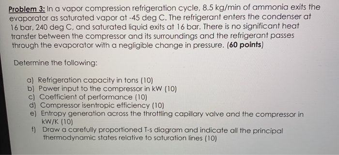 Solved Problem 3: In a vapor compression refrigeration | Chegg.com