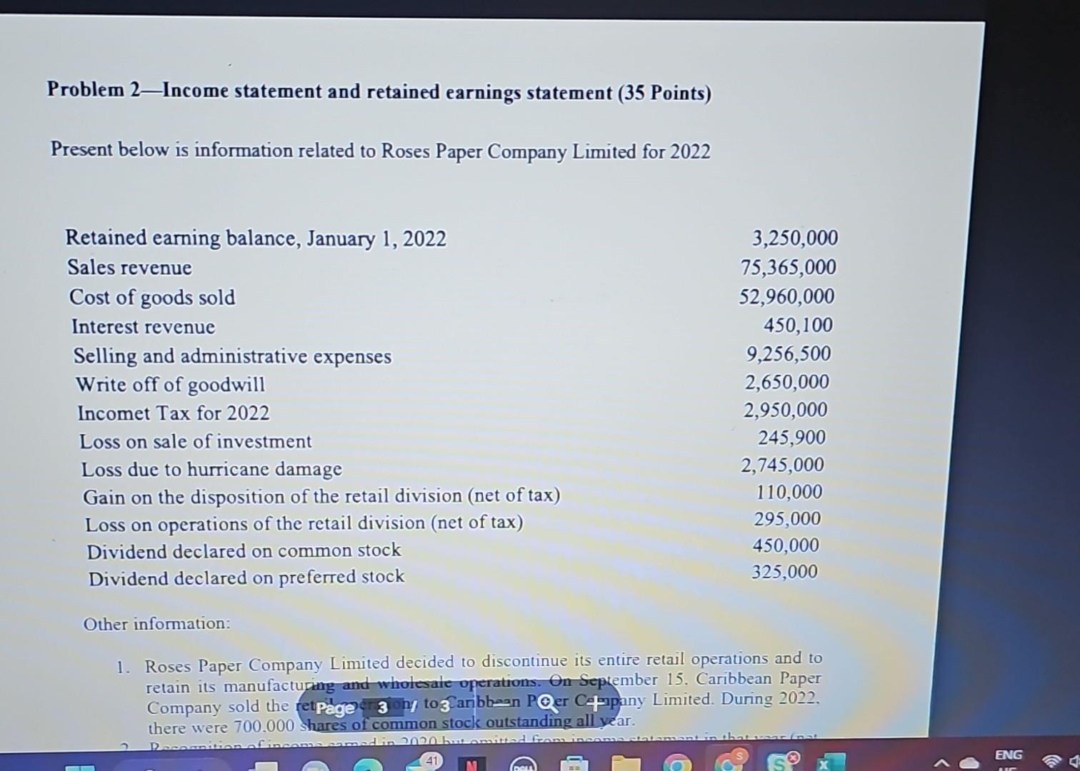 Solved Problem 2-Income statement and retained earnings | Chegg.com