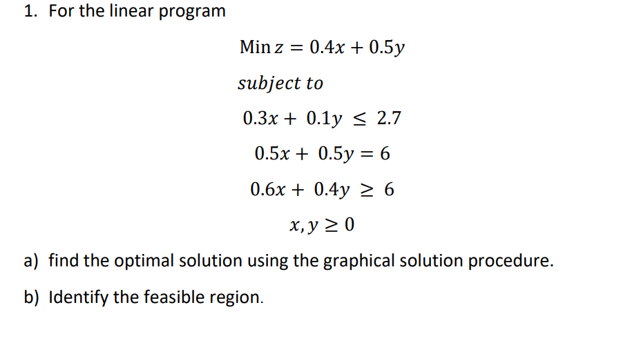 Solved For the linear programMinz=0.4x+0.5y subject to | Chegg.com