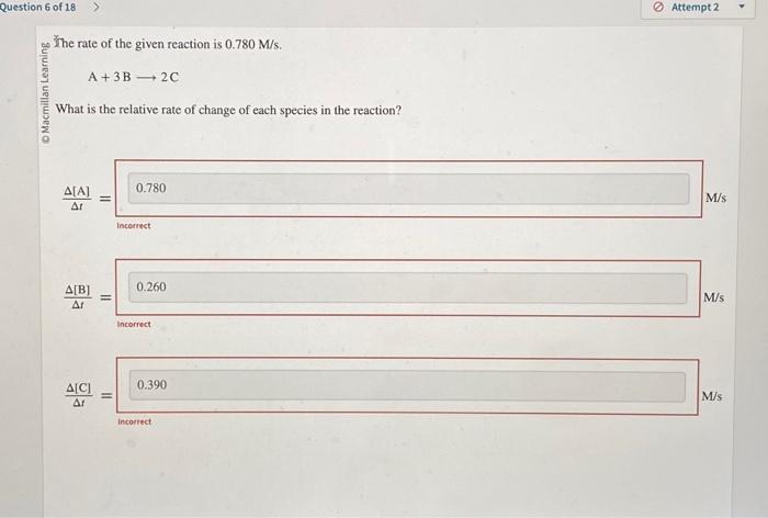 Solved The rate of the given reaction is 0.780M/s. A+3 B 2C | Chegg.com