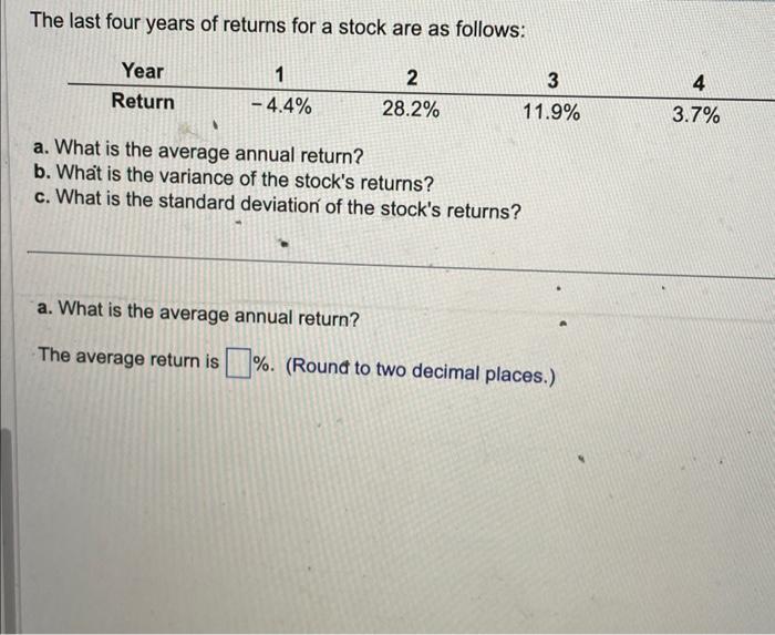 Solved The last four years of returns for a stock are as | Chegg.com
