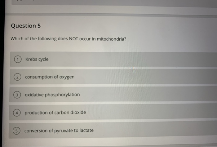 Which Of The Following Does Not Occur In The Mitochondria Solved Question 5 Which of the following does NOT occur in | Chegg.com