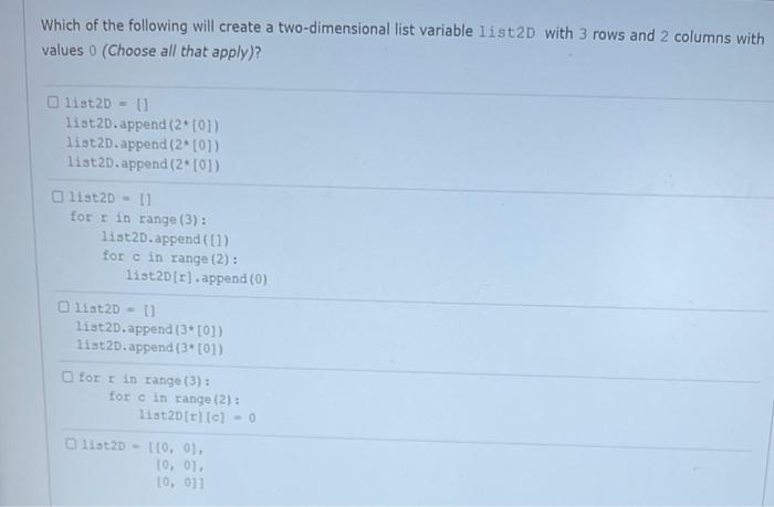 Solved Which of the following will create a two-dimensional | Chegg.com