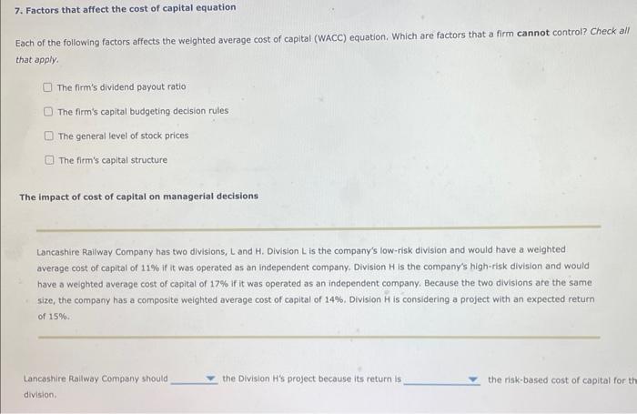Solved 7. Factors that affect the cost of capital equation | Chegg.com