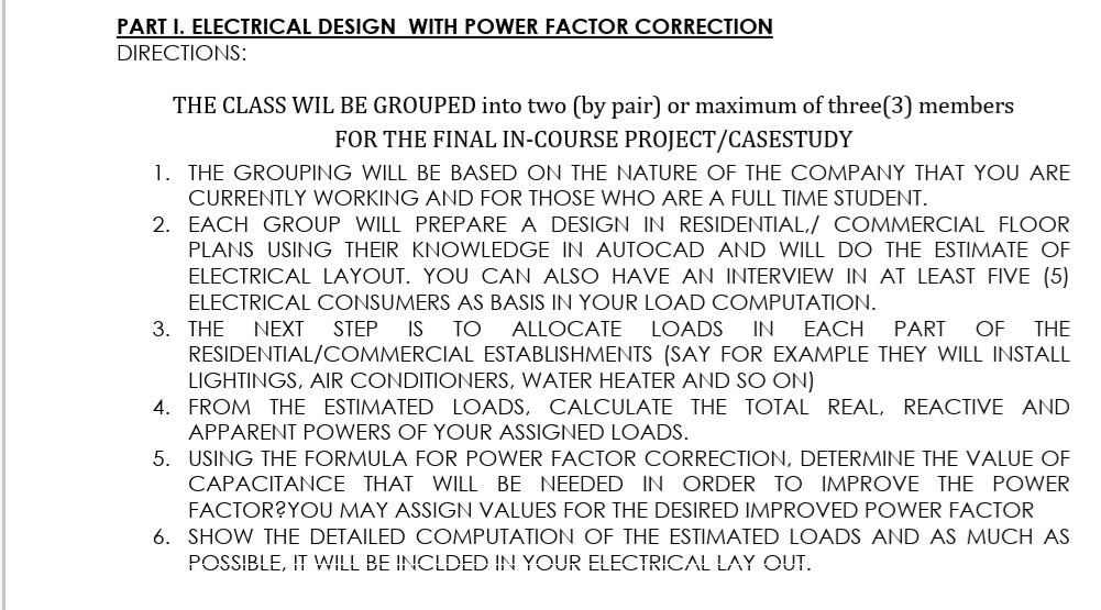 Solved PART I. ELECTRICAL DESIGN WITH POWER FACTOR | Chegg.com