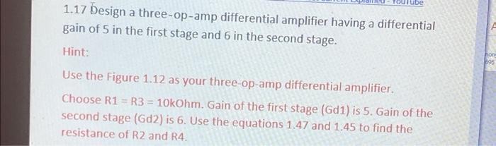 Solved 1.17 Design a three-op-amp differential amplifier | Chegg.com