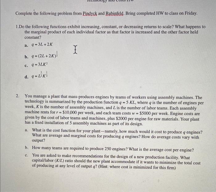 Solved Complete The Following Problem From Pindyck And | Chegg.com