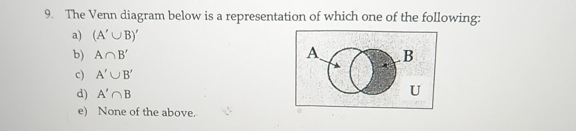 Solved 9. The Venn diagram below is a representation of | Chegg.com