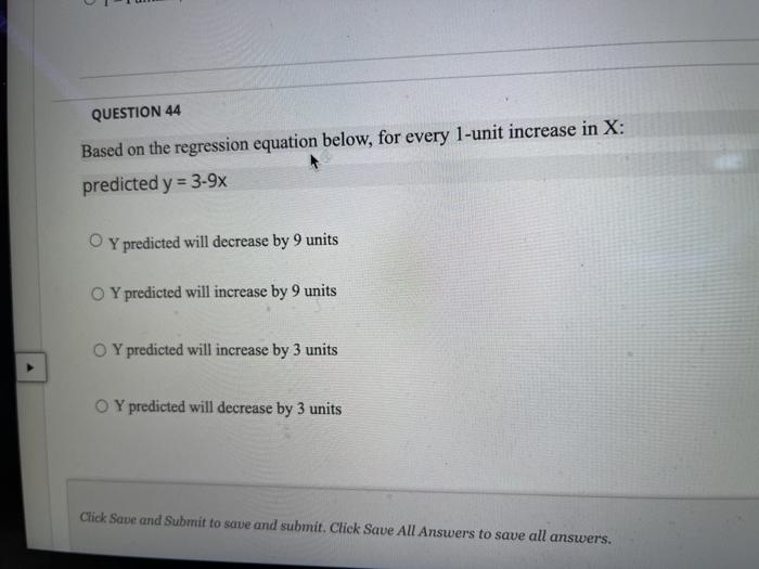 Solved QUESTION 44 Based on the regression equation below, | Chegg.com
