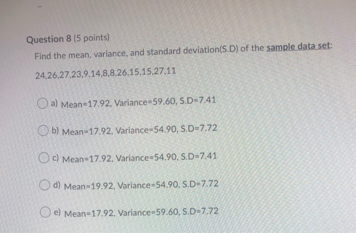 Solved Question 8 (5 points) Find the mean, variance, and | Chegg.com