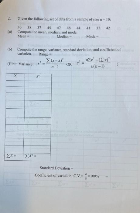 Solved 2. Given the following set of data from a sample of | Chegg.com